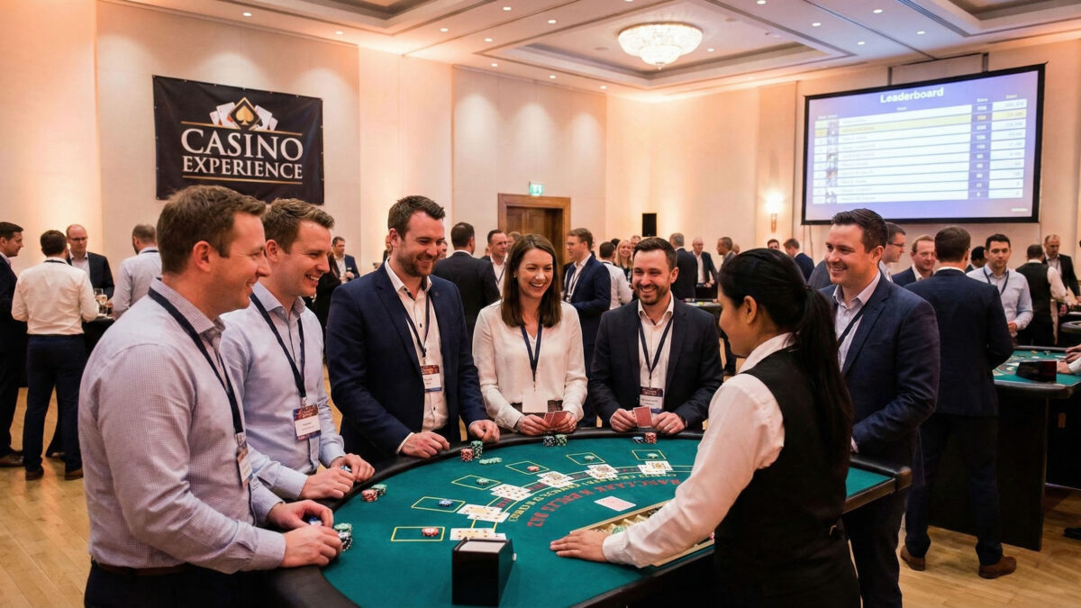 Colaboradores sorrindo e interagindo em uma mesa de jogos de cassino fictício durante festa da firma, exemplificando ativações para eventos corporativos divertidas da Casino Experience.