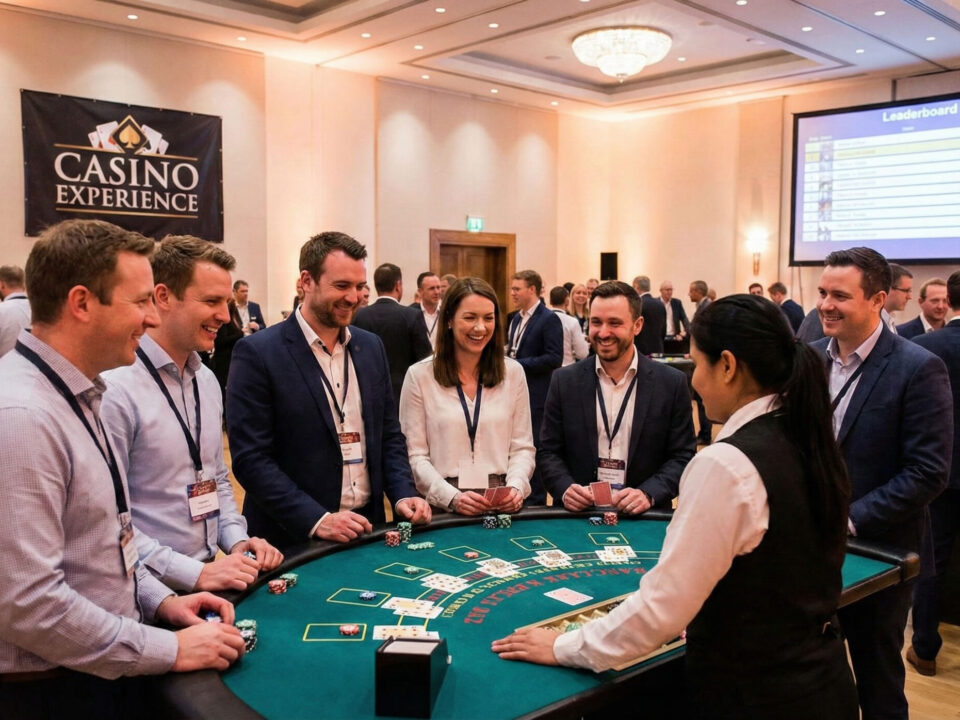 Colaboradores sorrindo e interagindo em uma mesa de jogos de cassino fictício durante festa da firma, exemplificando ativações para eventos corporativos divertidas da Casino Experience.